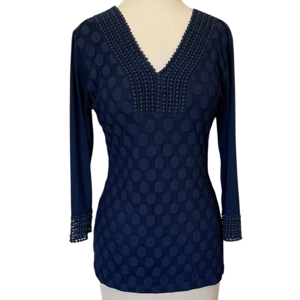 Shannon Ford Women's Top Navy 3/4 Sleeve Crochet Detail & Dot Pattern Size Small